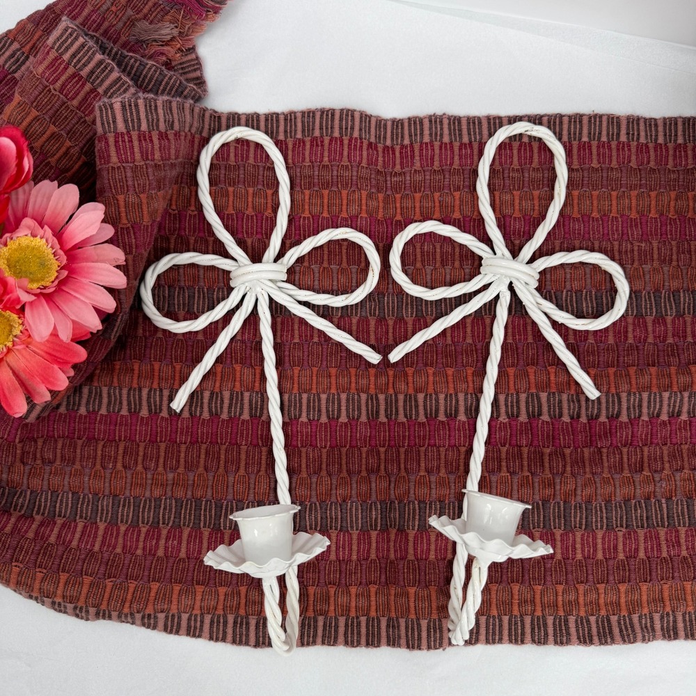 Homco Twisted Rope & Bow Tapler Candle Wall Sconce PAIR White Metal VTG 2 Pc